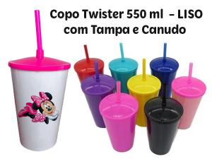 Copo Twister COM TAMPA E CANUDO -  550ml / 300ml Acrílico Cônico  Brilho Transfer s111